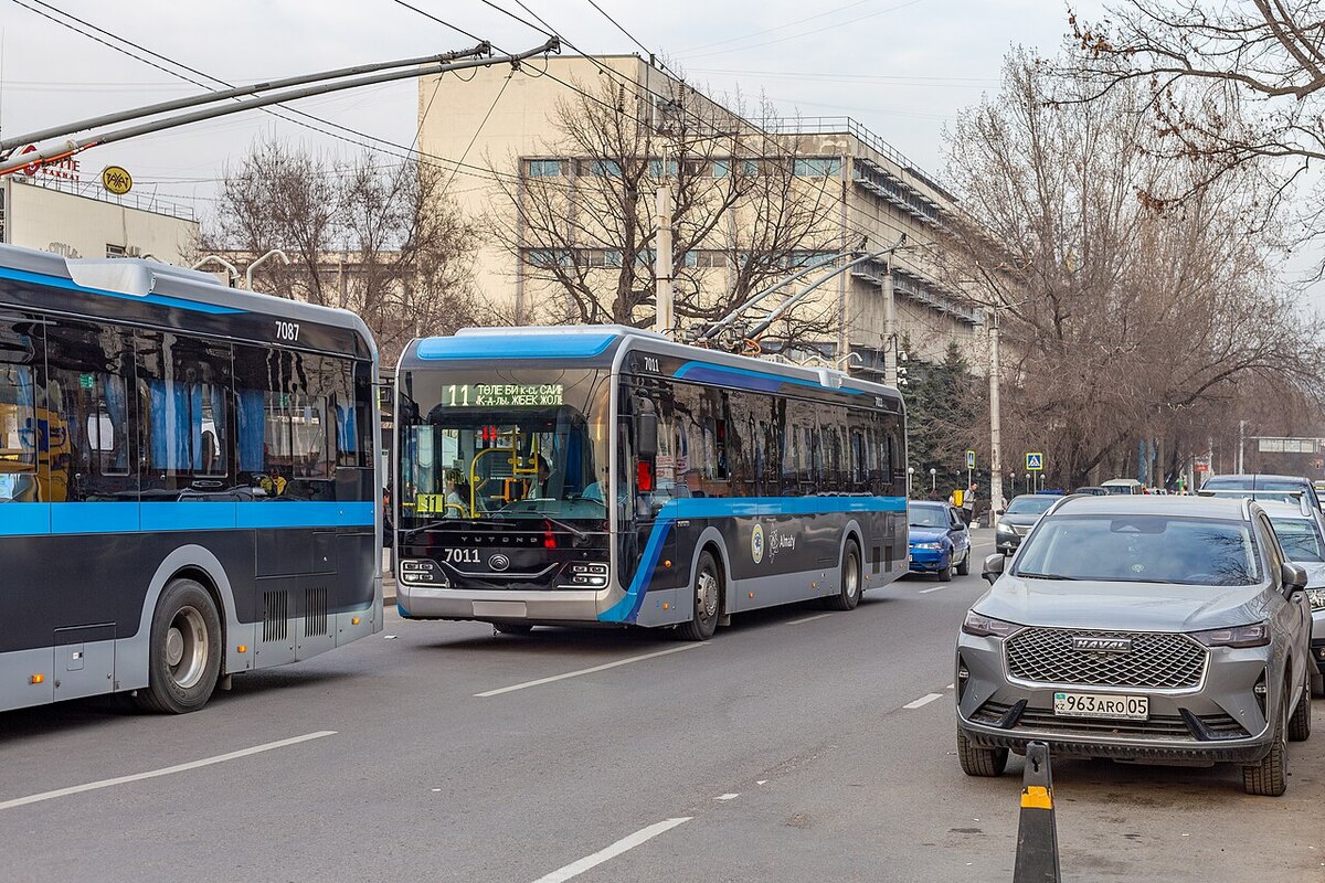 A modern electric trolleybus on route 11 on Zhibek Zholy in central Almaty