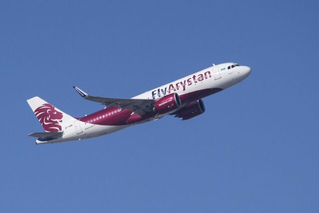 FlyArystan Airbus A320neo climbing after takeoff, Kazakhstan's low-cost carrier