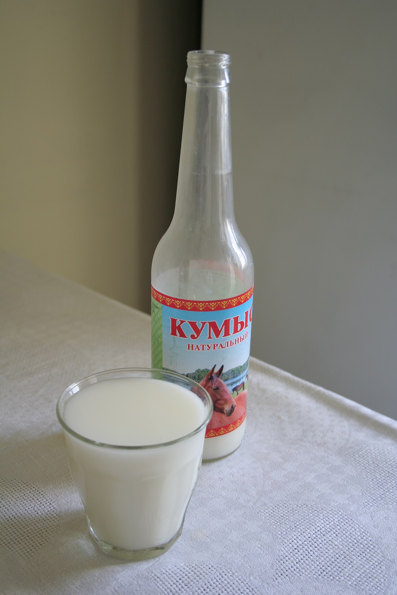 A bottle and glass of kumis, Kazakhstan's fermented mare's milk