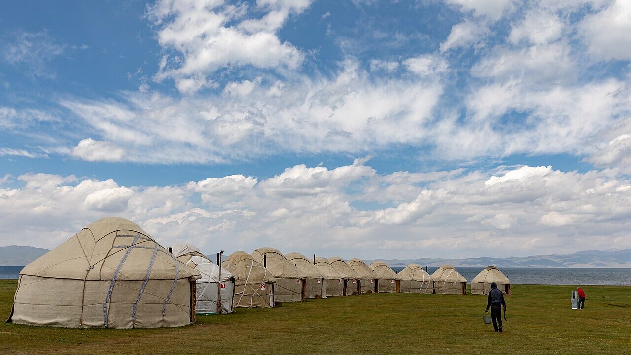 Yurts beside Song-Kol lake in the Kyrgyz highlands, a highlight on a Kazakhstan and Kyrgyzstan itinerary