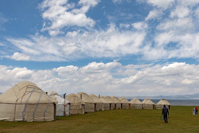 Yurts beside Song-Kol lake in the Kyrgyz highlands, a highlight on a Kazakhstan and Kyrgyzstan itinerary
