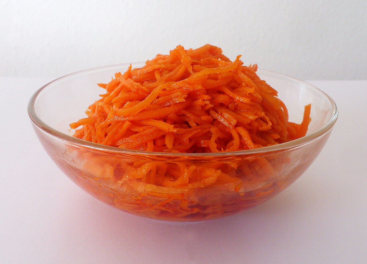 Korean-style carrot salad (morkovcha), often vegetarian