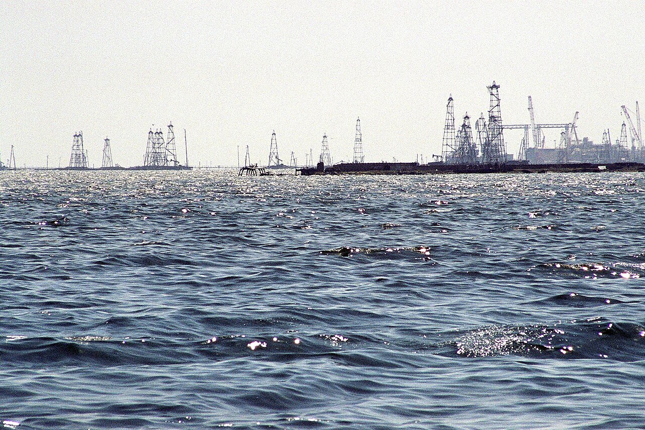 The oil derricks of Neft Daslari off the Azerbaijani coast, passed on the Caspian ferry crossing