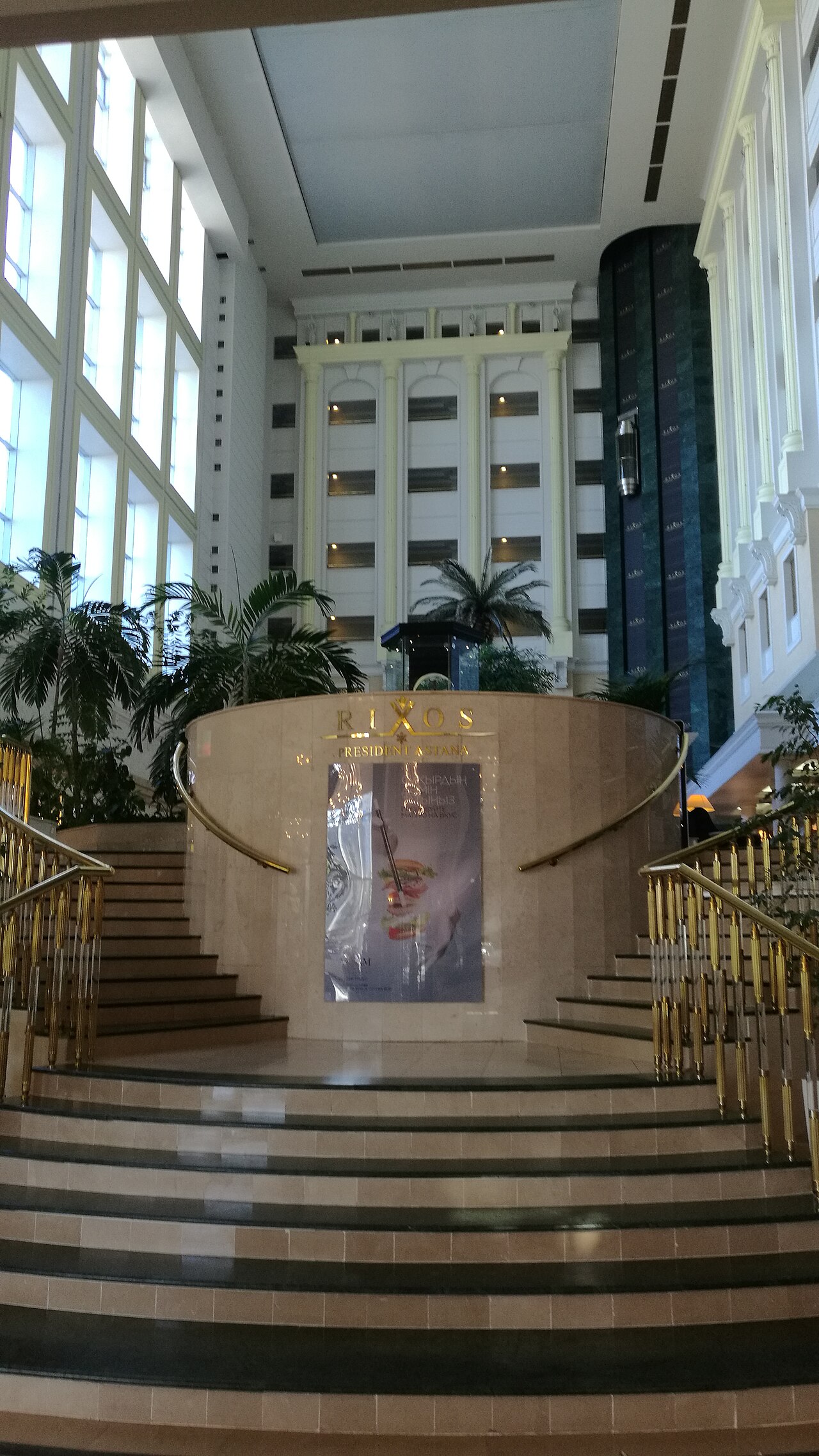 Marble lobby staircase of the Rixos President hotel in Astana