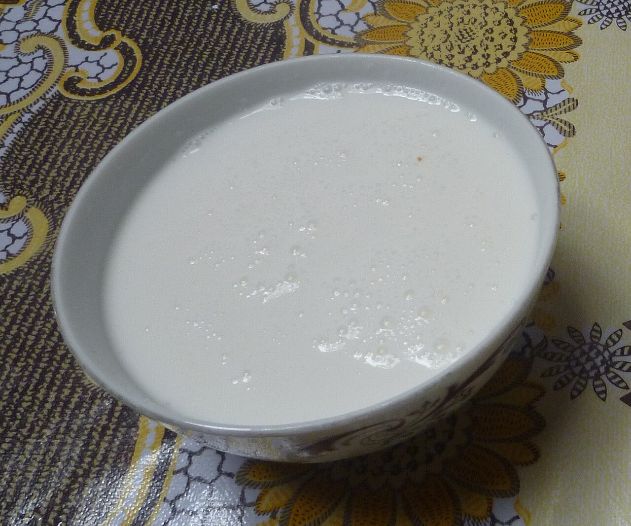 A bowl of shubat, fermented camel's milk